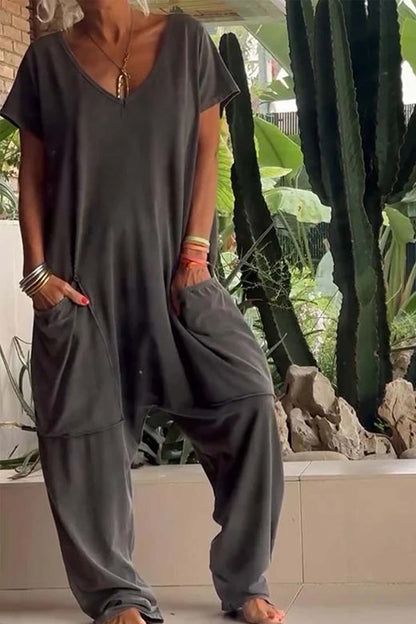 Relaxed Fit Women's V-Neck Short Sleeve Jumpsuit with Pockets