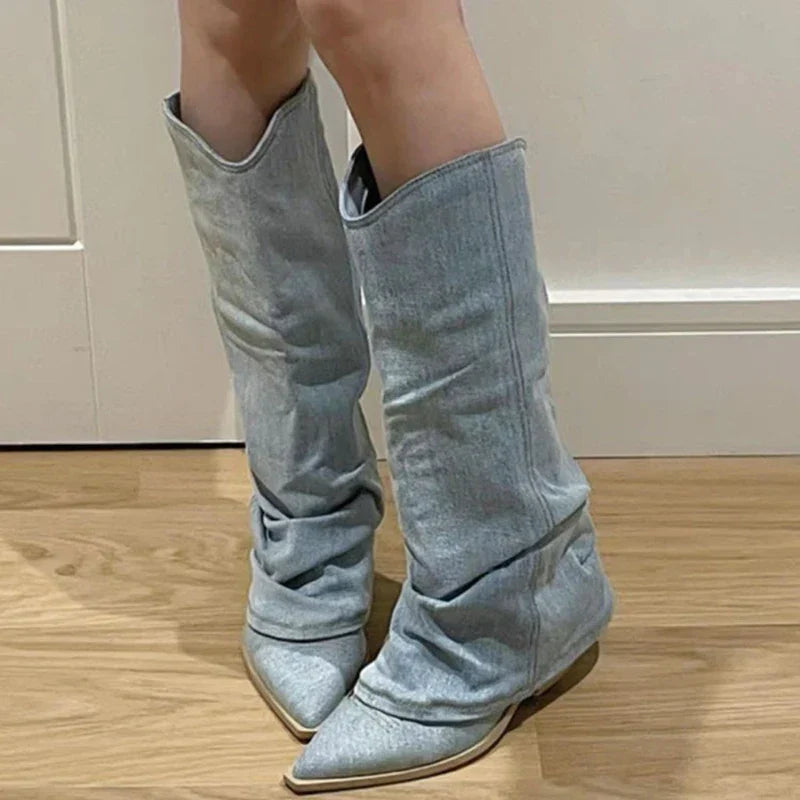 Women's Slouchy Denim Knee-High Boots Comfortable - VibreMode