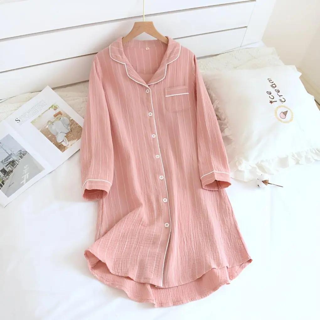 Women's Striped Cotton Nightgown Comfortable Plus Size - VibreMode