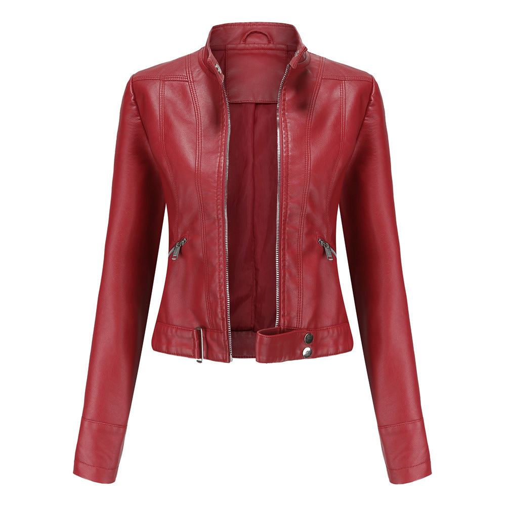 Women's Leather Jacket Zip High Collar