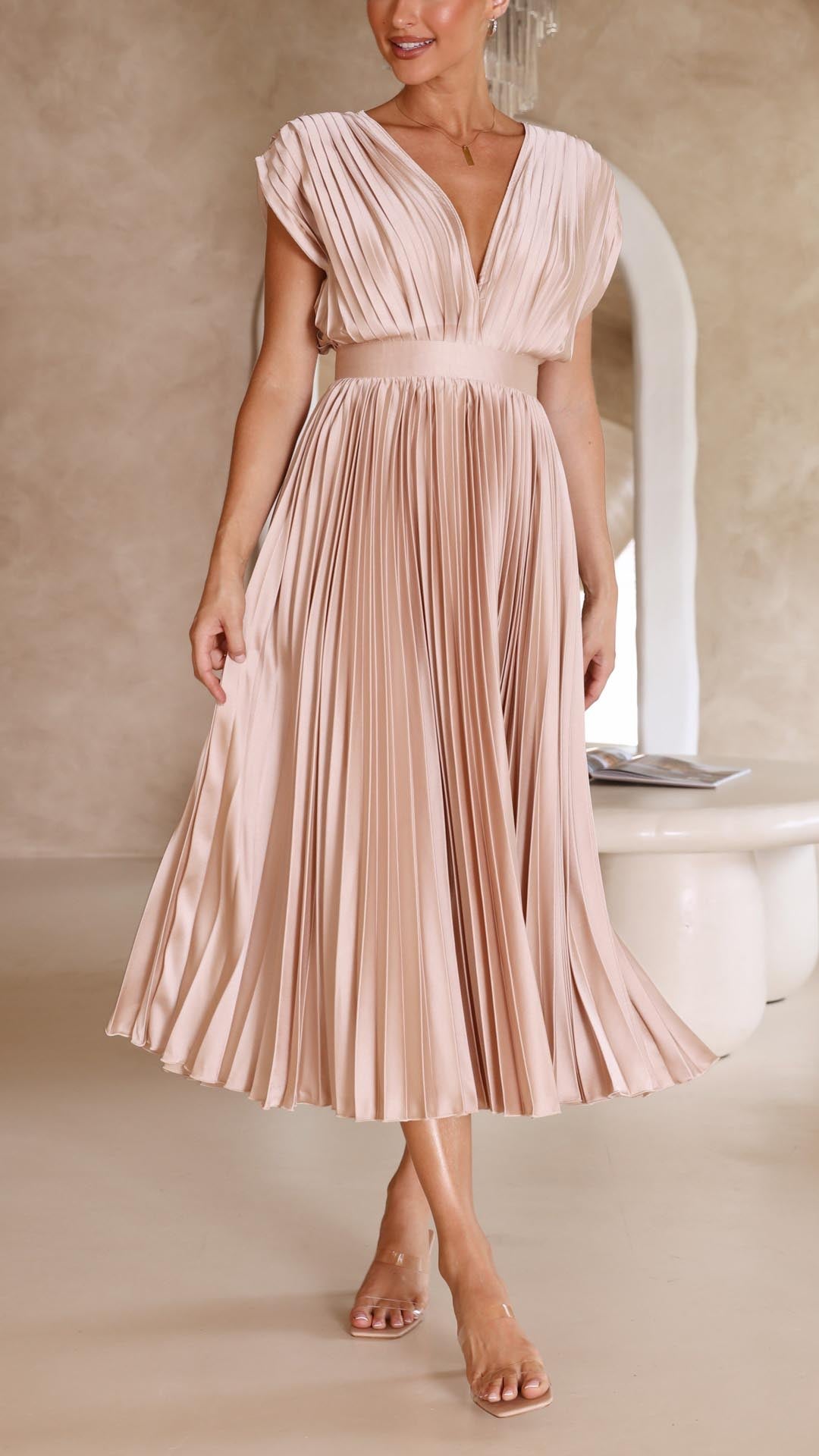 Women's V-Neck Pleated Maxi Dress