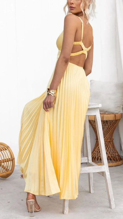 Women's V-Neck Maxi Dress Pleated Yellow