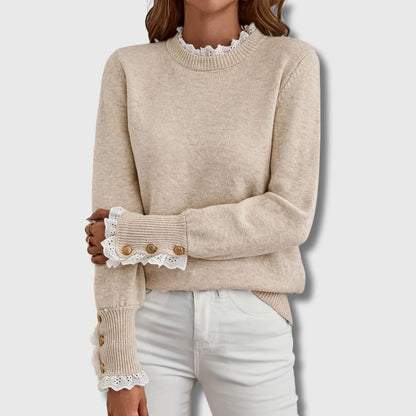 Women's Crewneck Sweater Eyelet Lace Ruffle Details - VibreMode