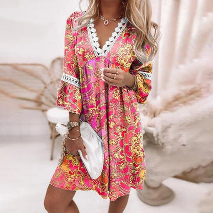 Women's Printed Mini Dress Loose Fit Evening