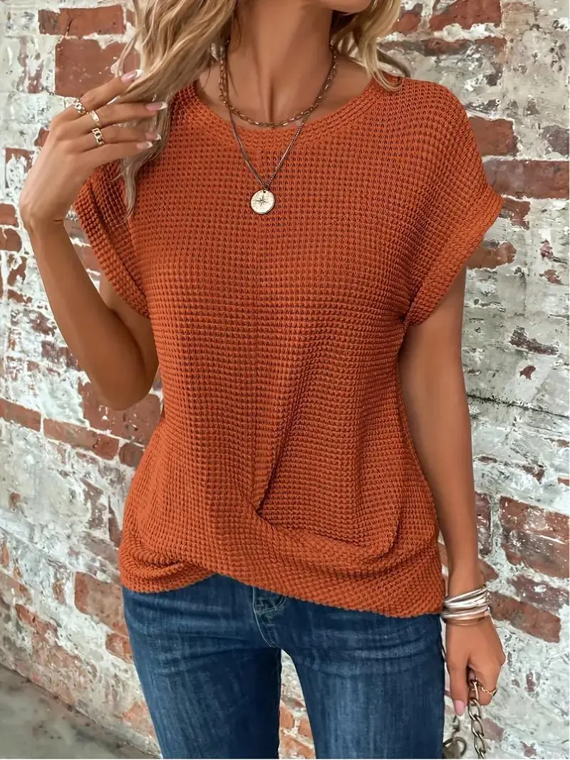 Twist-Hem Waffle Tee for Women – Effortless Style & Comfort-Caliboot