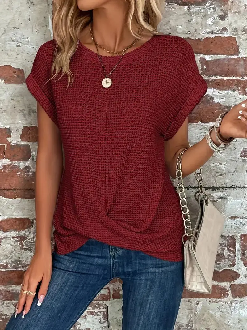 Twist-Hem Waffle Tee for Women – Effortless Style & Comfort-Caliboot