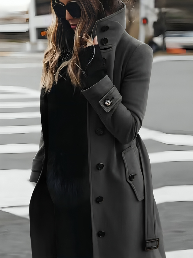 Women's Long Coat High Collar Belted Wool Black - VibreMode