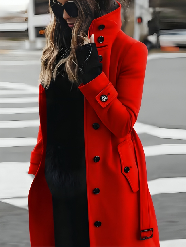 Women's Long Coat High Collar Belted Wool Black