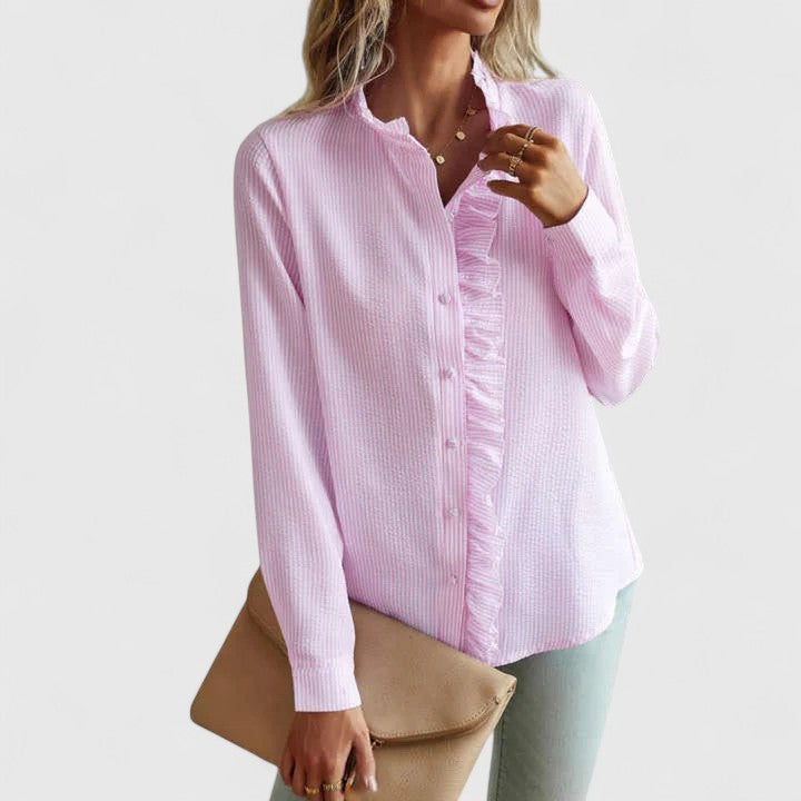 Feminine Gathered Striped Blouse Shirt