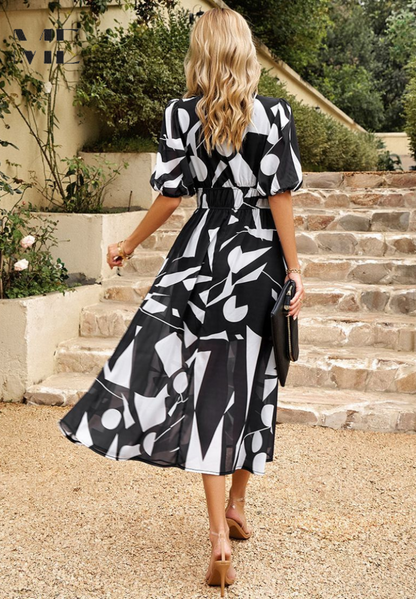 Women's V-Neck Midi Dress Puff Sleeves