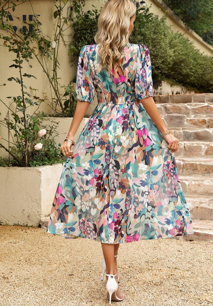 Women's Floral V-Neck Dress Short Sleeves