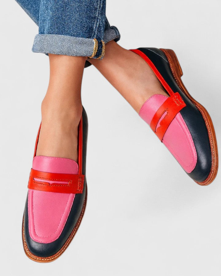 Women's Flat Slip-On Loafers Panelled Leather - VibreMode