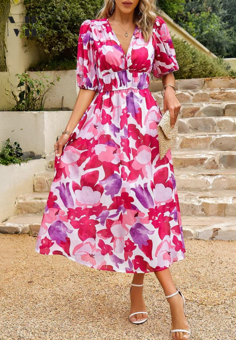 Women's V-Neck Midi Dress Puff Sleeves