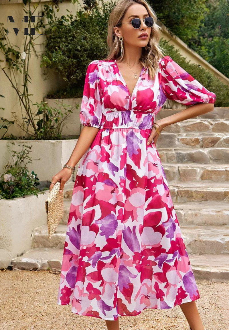 Women's Floral V-Neck Dress Short Sleeves