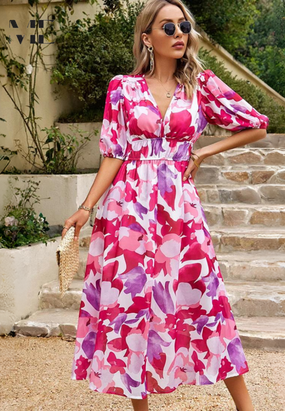 Women's Floral V-Neck Dress Short Sleeves