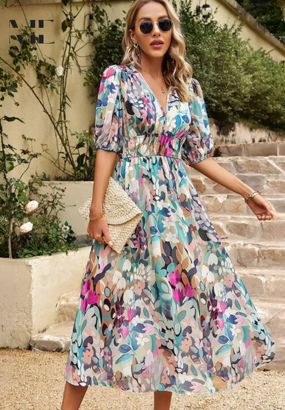 Women's V-Neck Midi Dress Puff Sleeves