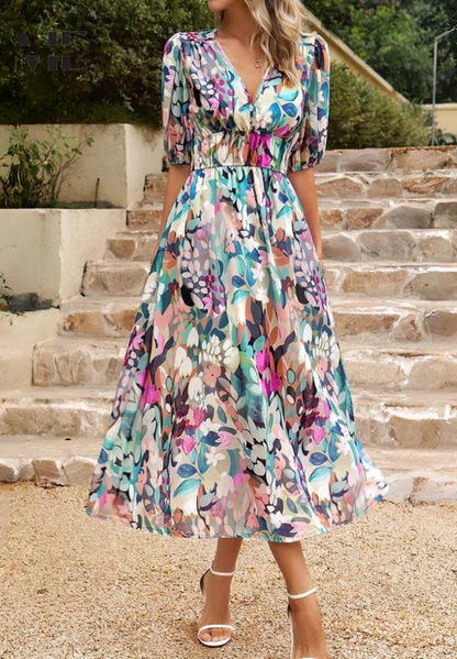 Women's V-Neck Midi Dress Puff Sleeves