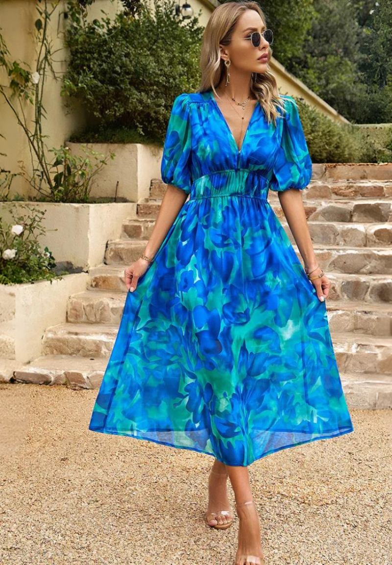 Women's Floral V-Neck Dress Short Sleeves