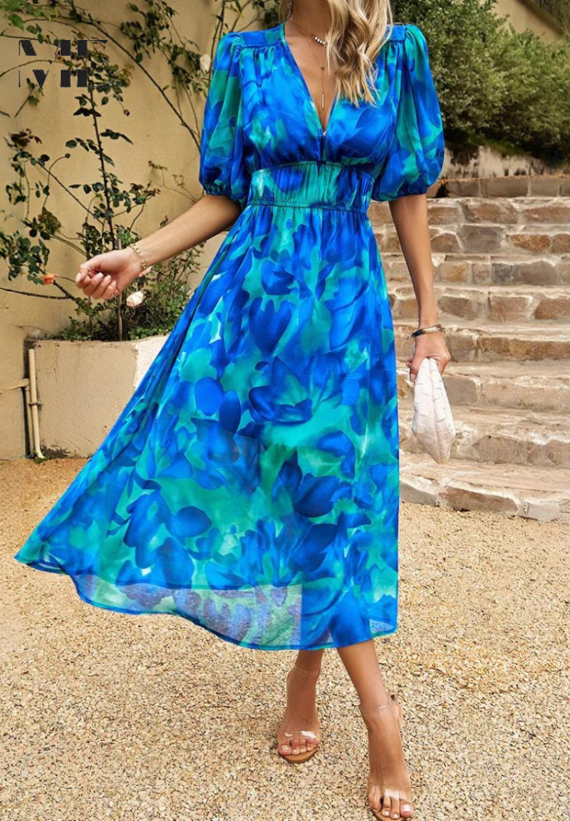 Women's Floral V-Neck Dress Short Sleeves
