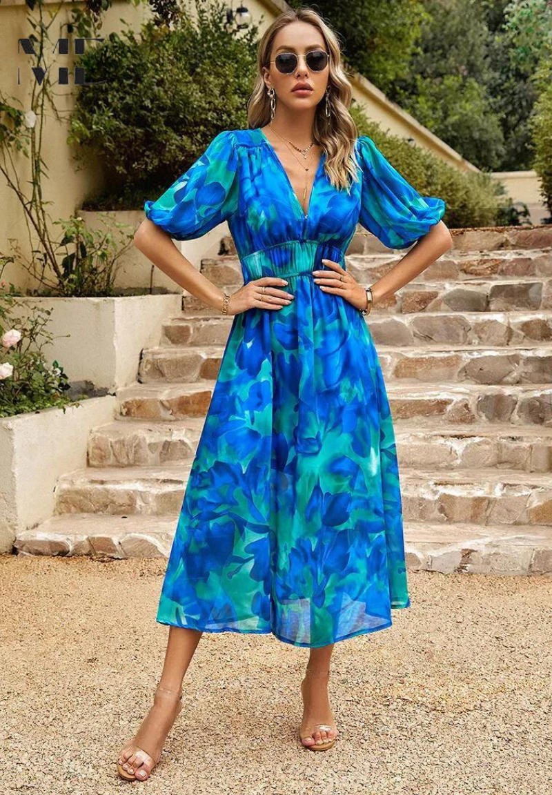 Women's Floral V-Neck Dress Short Sleeves