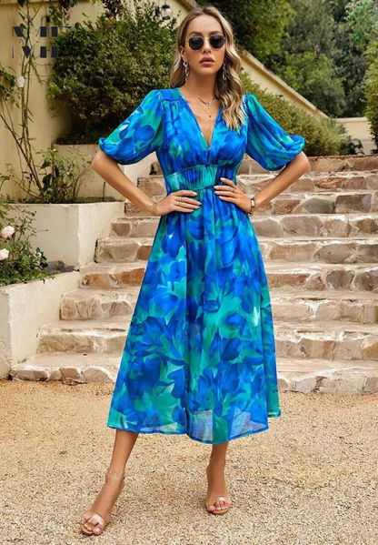 Women's Floral V-Neck Dress Short Sleeves