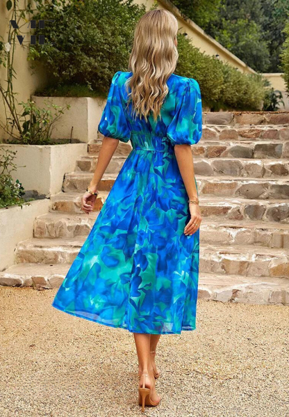 Women's Floral V-Neck Dress Short Sleeves