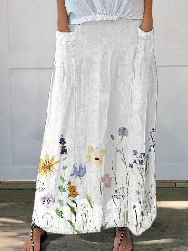 Women's Elastic Waist Skirt Watercolor Print Pocket - VibreMode
