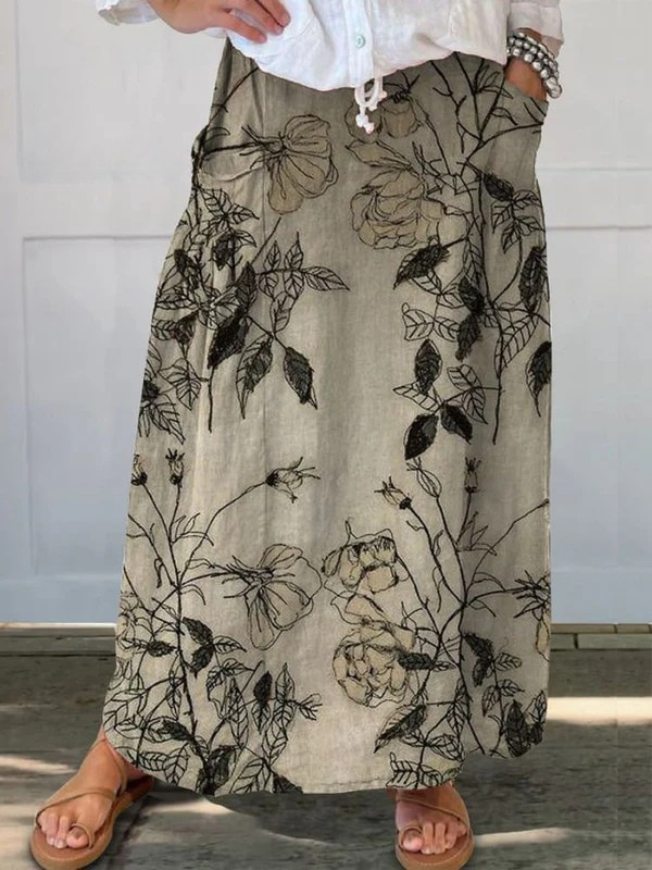 Retro Floral Pocket Skirt Elastic Waistband - VibreMode