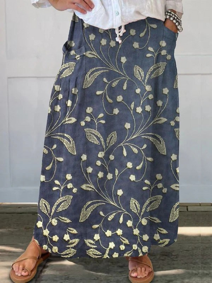 Retro Floral Elastic Waist Skirt With Pockets - VibreMode