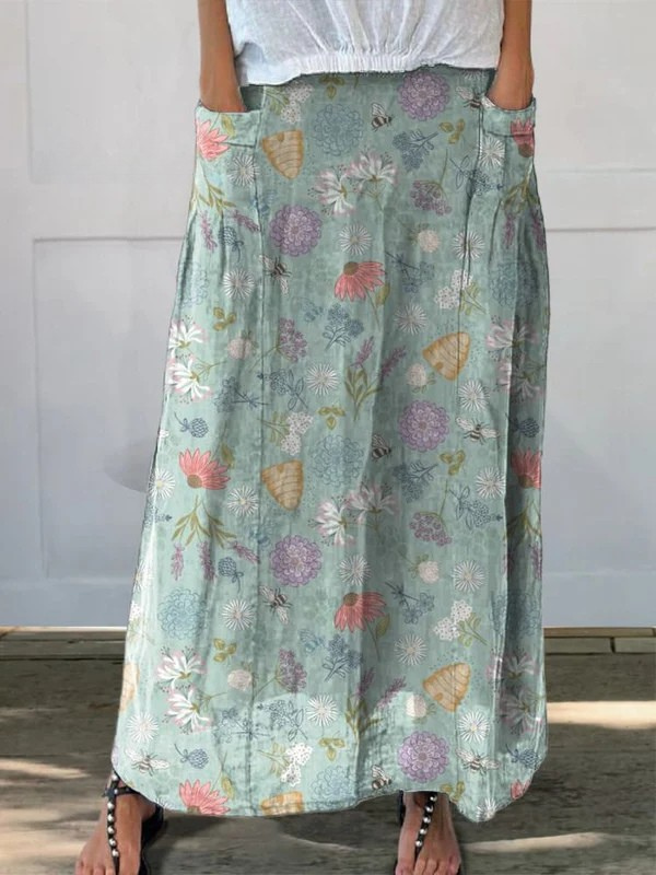 Women's Floral Pocket Skirt Printed Bumble Bee Pattern - VibreMode