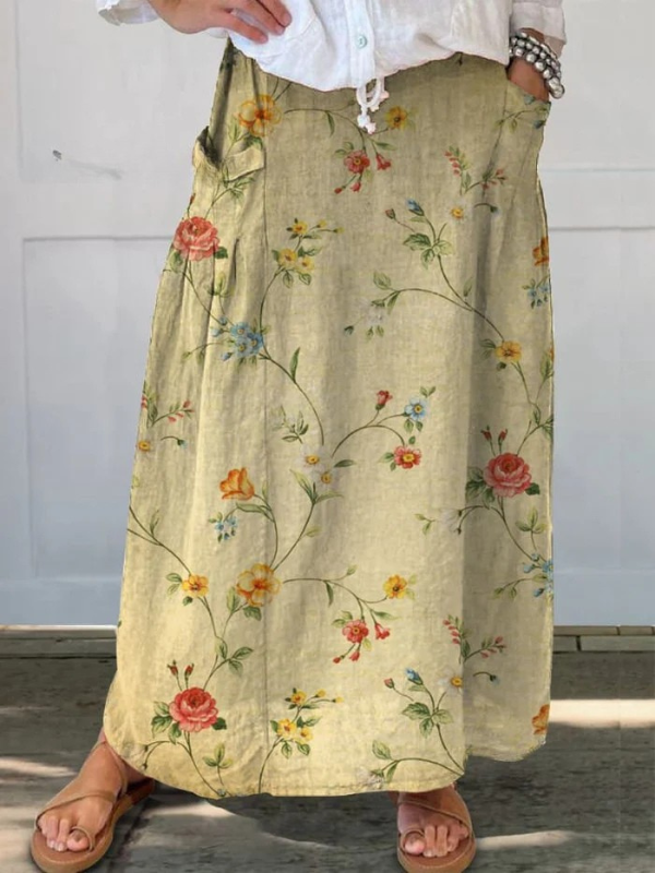 Elegant Floral Pocket Skirt Elastic Waistband - VibreMode