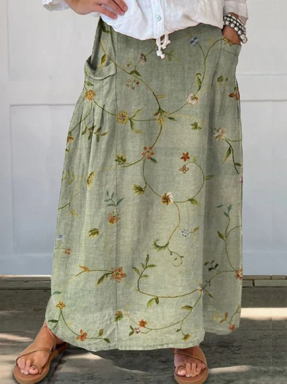 Retro Floral Elastic Waist Skirt With Pockets - VibreMode