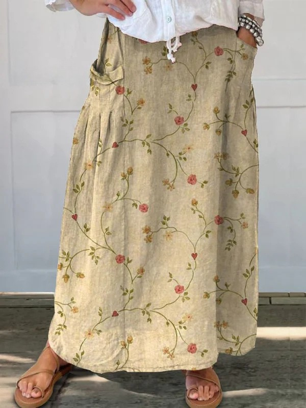 Women's Elastic Waist Skirt Floral Print Pocket - VibreMode