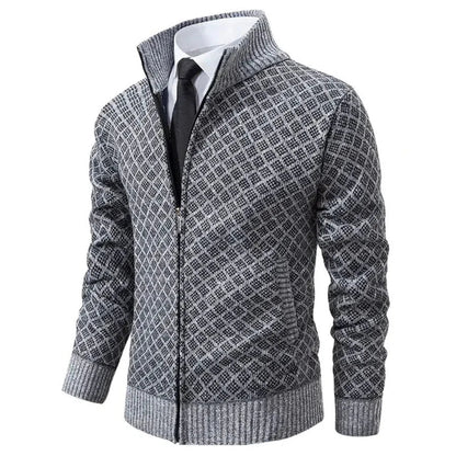 Men's Zip-Front Cardigan Diamond Pattern Ribbed Trim