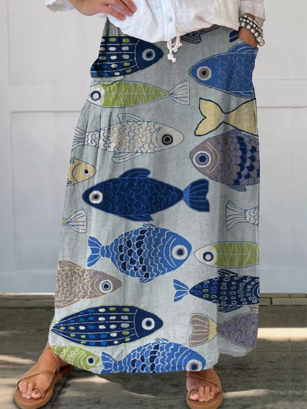 Women's Vintage Fish Print Pocket Skirt - VibreMode