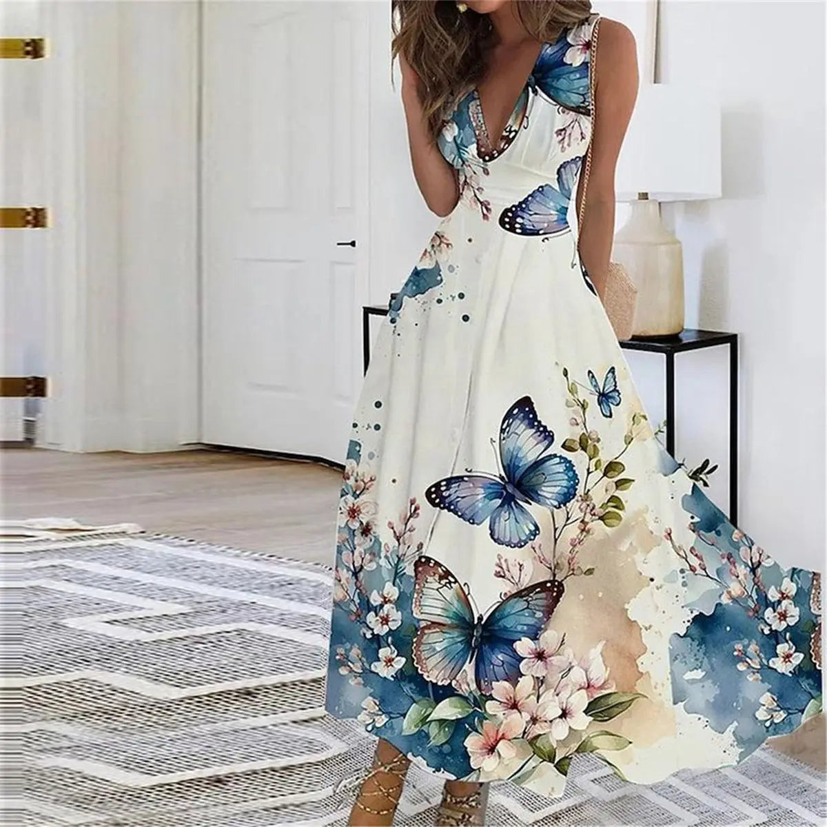 Women's V-Neck Midi Dress Elegant Summer - VibreMode