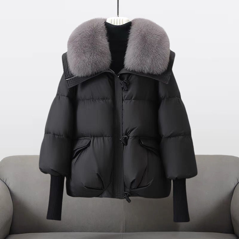 Women's Quilted Puffer Jacket Fur Collar Warm Black - VibreMode