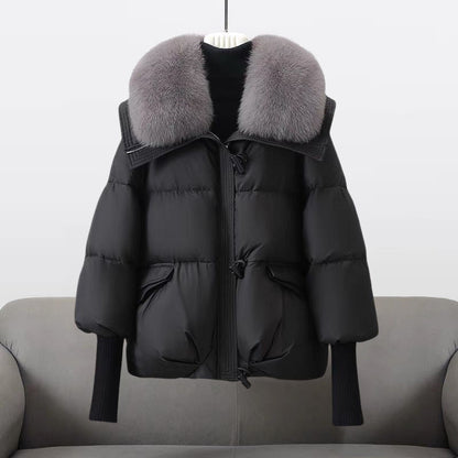 Women's Quilted Puffer Jacket Fur Collar Warm Black - VibreMode