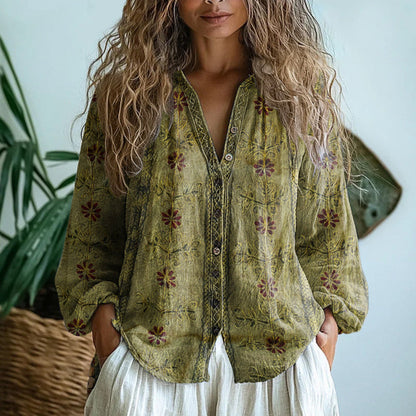 Women's Nature Print Blouse Split V-Neck