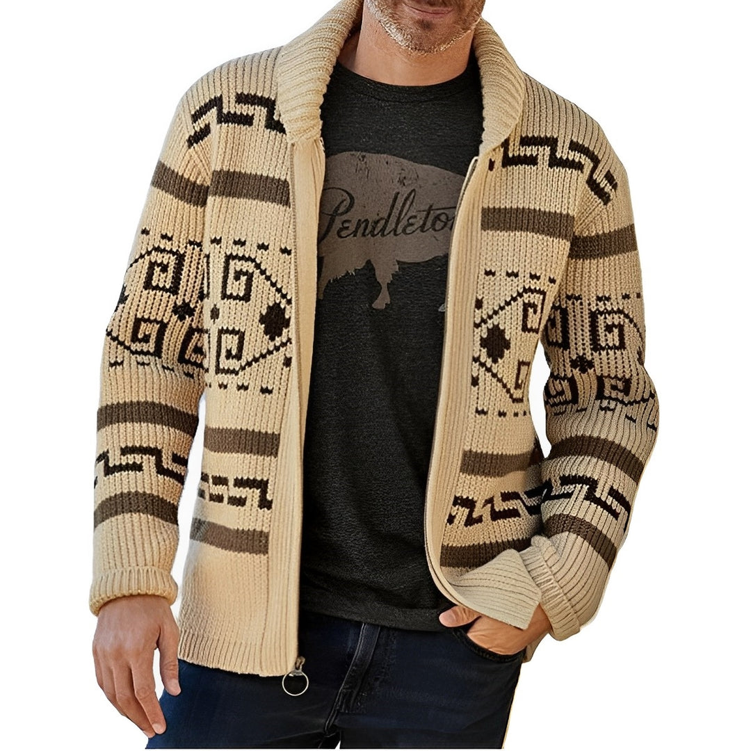 Men's Tribal Knit Cardigan Shawl Collar Zip-Up - VibreMode
