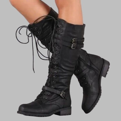 Women's Mid Calf Combat Boots Lace Up Leather Black - VibreMode