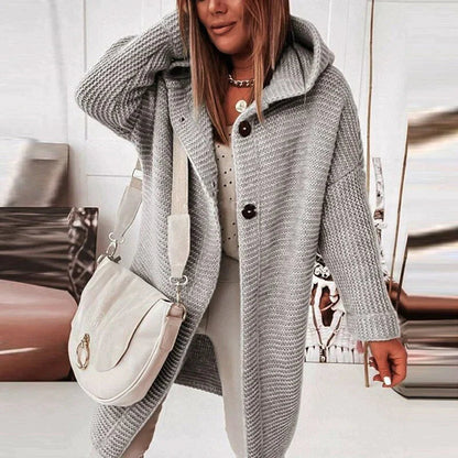 Women's Long Knit Cardigan Hooded Button Front - VibreMode