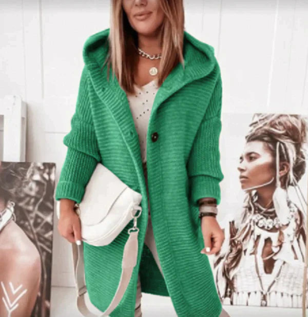 Women's Long Knit Cardigan Hooded Button Front