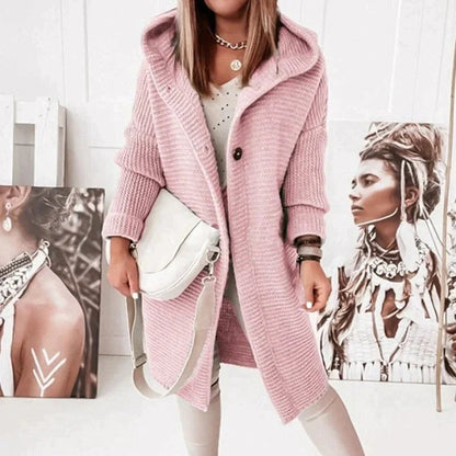 Women's Long Knit Cardigan Hooded Button Front
