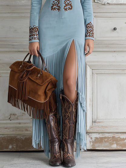 Women's Long-Sleeve Maxi Dress Embroidered V-Neck