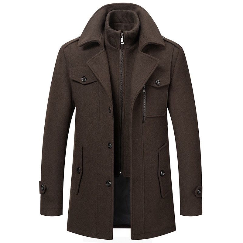 Men's Mid-Length Coat Button Front Zip Layer Tan
