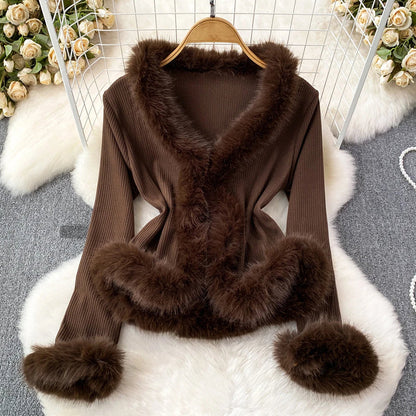 Elegant Women's Ribbed Knit Top with Plush Faux Fur Trim