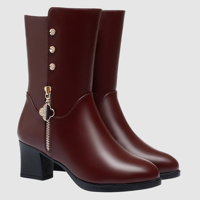 Elegant Women's Mid-Calf Leather Boots: Plush Lining, Block Heel, Winter Warmth