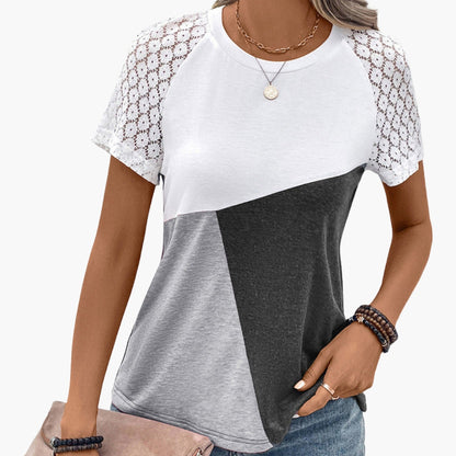 Women's Lace Sleeve Color Block T-Shirt