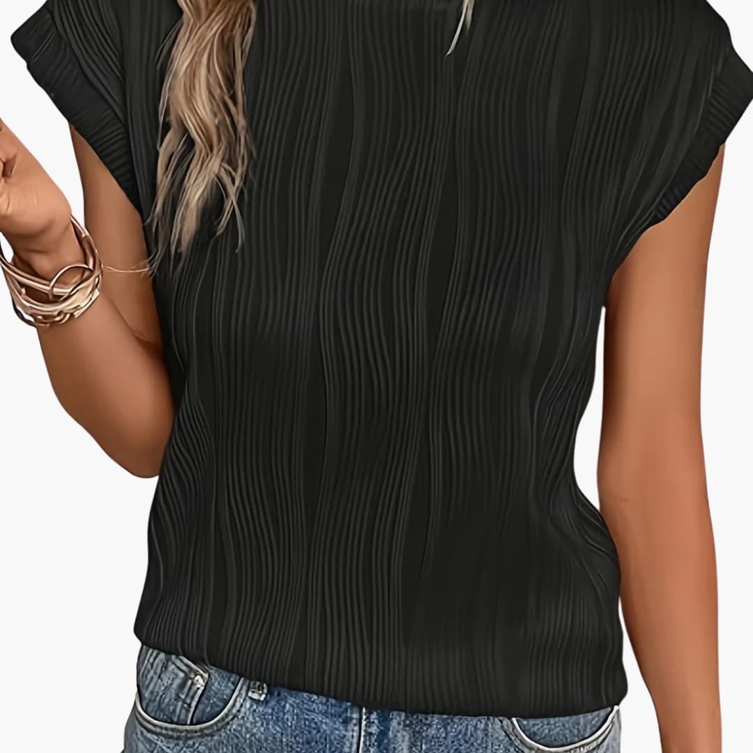 Women's Pleated Short Sleeve T-Shirt High Crew Neck